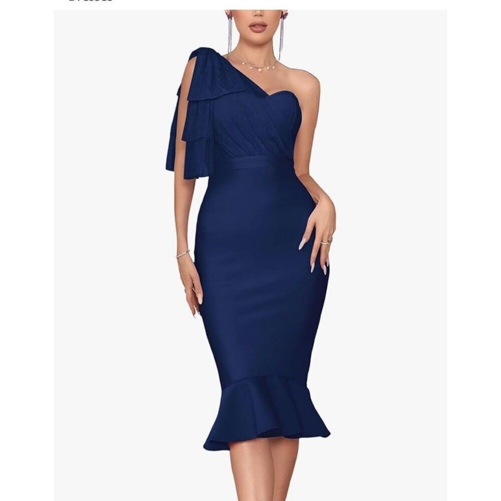 New 1 Shoulder Fishtail Bandage Mesh Midi Bodycon Dress M